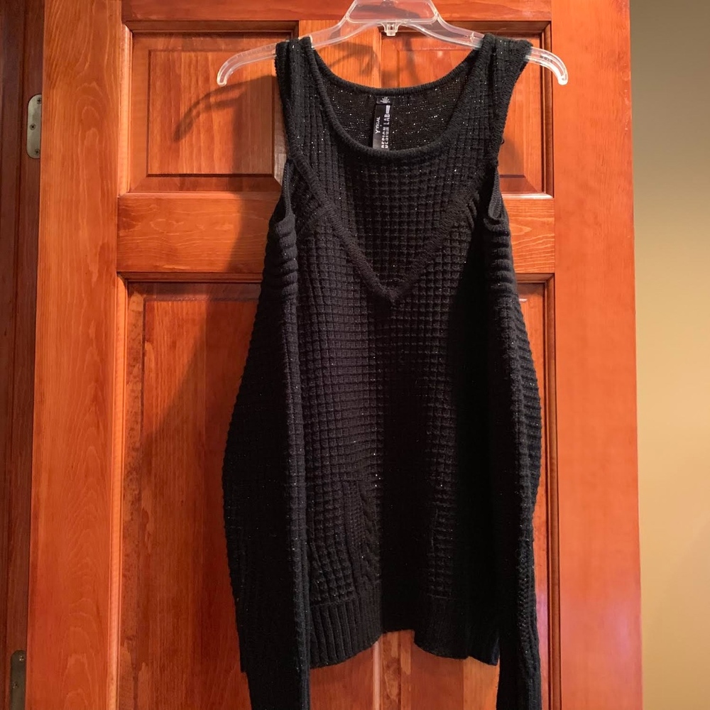Comfy, loose black cut off shoulder sweater